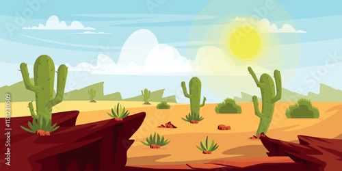 Vector illustration of hot desert landscape.Cartoon scene of beautiful desert with rocks, cliffs, cacti of different shapes, stones, plants, bushes, bright scorching sun on blue sky with white clouds.