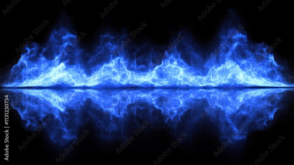 Fototapeta premium Abstract blue flames reflected on a dark surface.