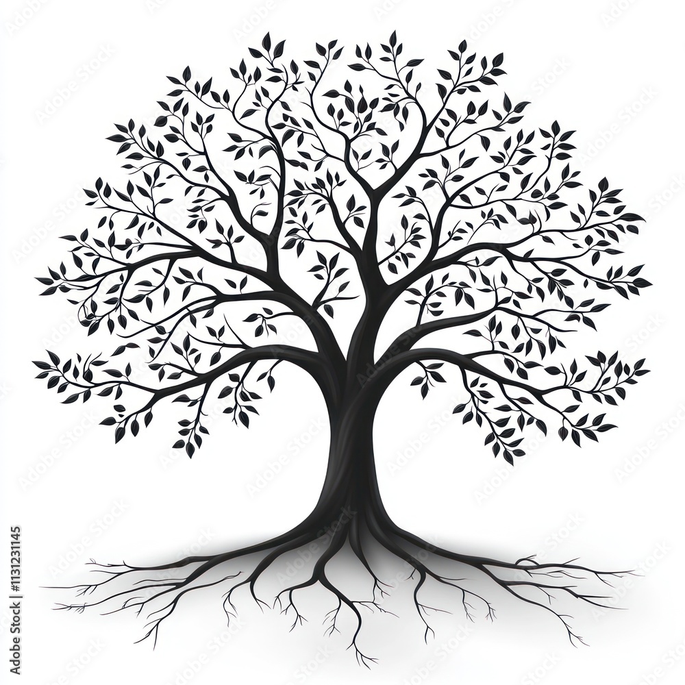 Obraz premium Black silhouette of a large tree with visible roots and leaves against a white background.