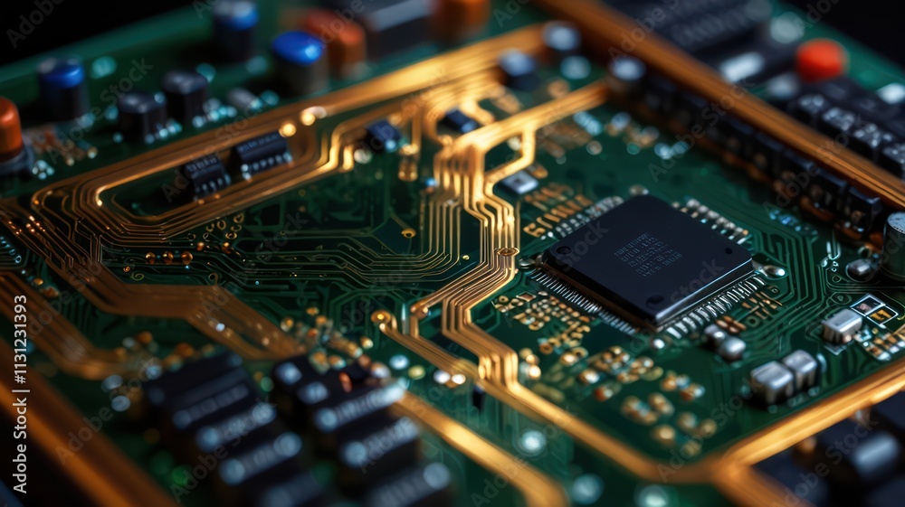 Fototapeta premium Close-Up View of Electronic Circuit Board with Microchip Technology