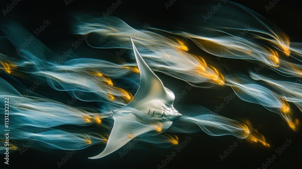 Fototapeta premium A graceful manta ray glides through water, surrounded by shimmering schools of fish.