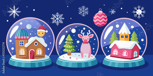 Christmas Snow Globe Illustration Set with Festive Winter Scenes and Holiday Decor. Collection of Christmas crystal snowballs flat cartoon vector illustration