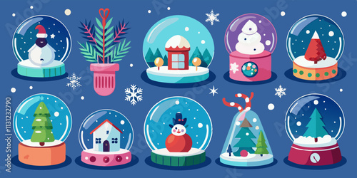 Christmas Snow Globe Illustration Set with Festive Winter Scenes and Holiday Decor. Collection of Christmas crystal snowballs flat cartoon vector illustration