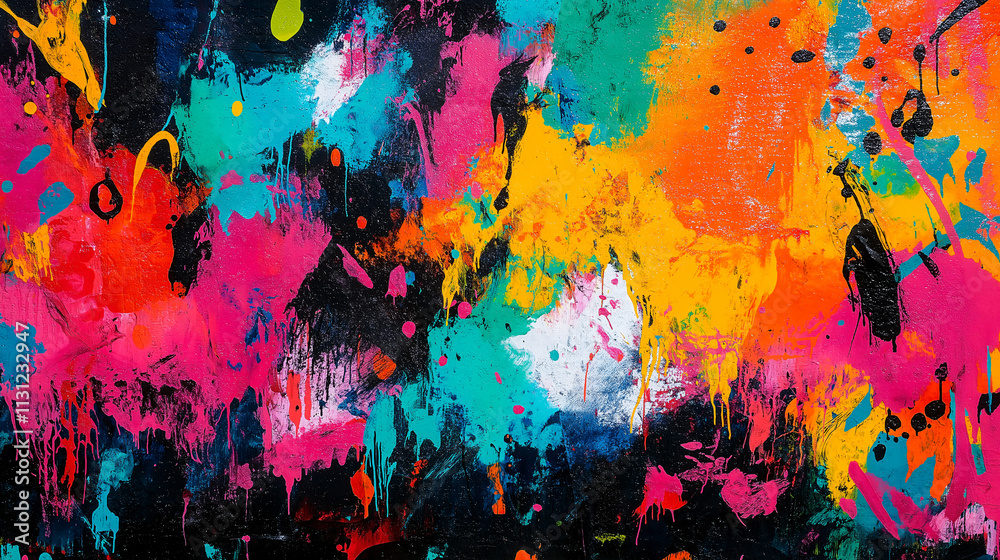 Obraz premium A vibrant graffiti wall with urban street art, bold colors, and expressive spray paint textures, isolated on a black background.