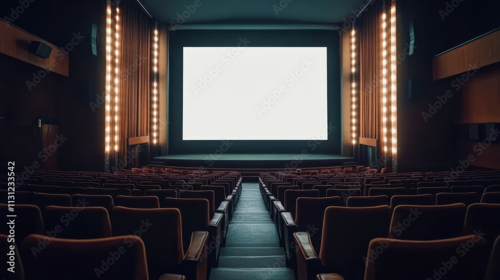 Fototapeta premium A cozy, intimate home cinema with plush seating, dim lighting, and a projector displaying a green screen,