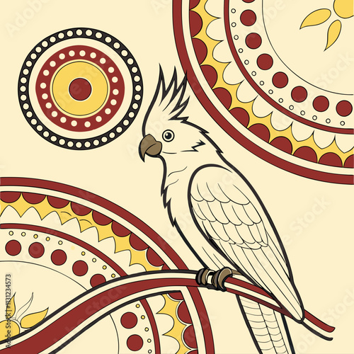Cockatoo in Aboriginal Dot Art Style on Beige Background. Australian dot art painting. Australian wildlife and traditional art. Ideal for cultural projects, education, and souvenirs