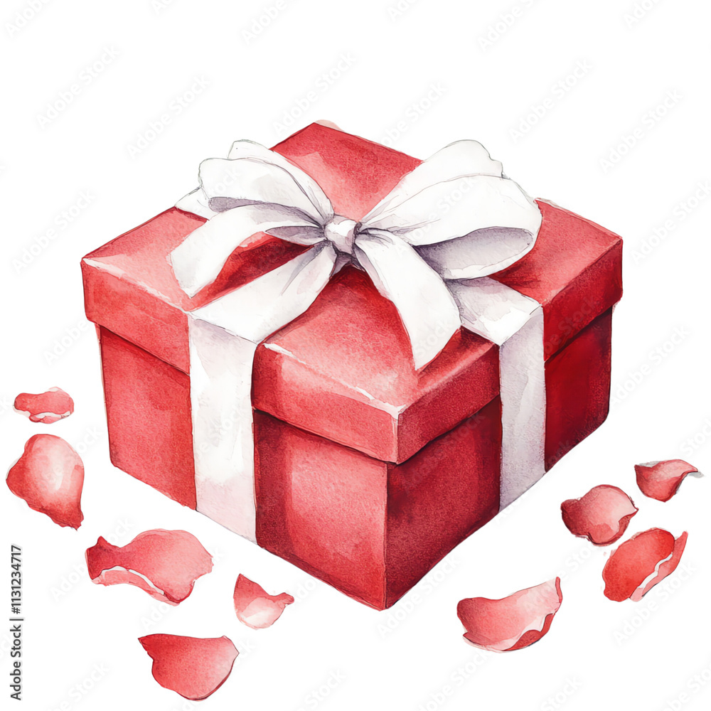 Obraz premium Watercolor red gift box with white ribbon and rose petals.