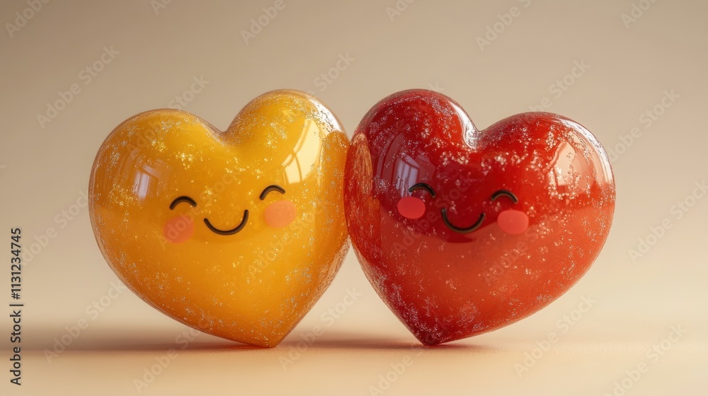 Fototapeta premium Adorable smiling heart-shaped jelly candies in yellow and red with happy faces