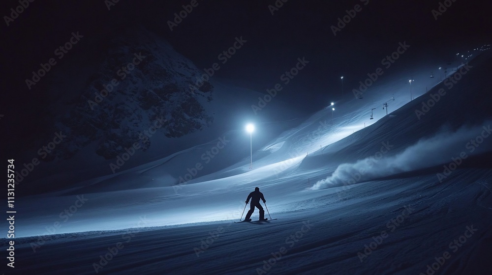 Fototapeta premium Skier on a snowy mountain slope at night.