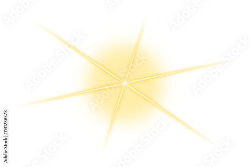 Gold shine star isolated. Light sparkle effect on transparent background. Sunlight with bright rays. Shining star. Light lens flare. PNG Spotlight. Light beam. Glow design elements