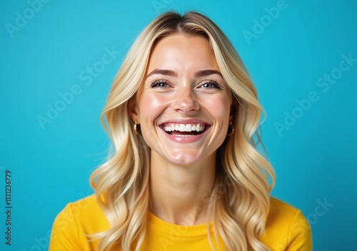 blonde woman smiles widely bright blue