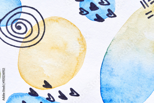 Abstract watercolor art with blue and yellow shapes and hand-drawn patterns.