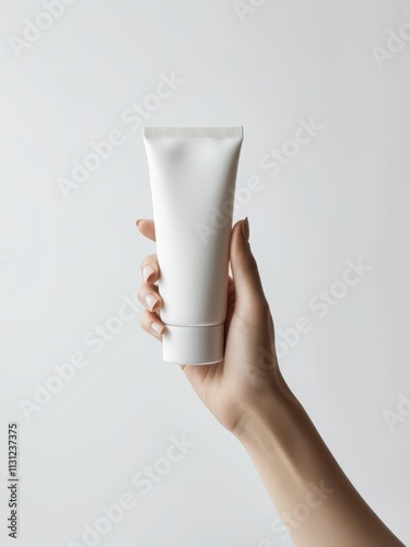 A hand holding a sleek, white cosmetic tube against a minimalist background.