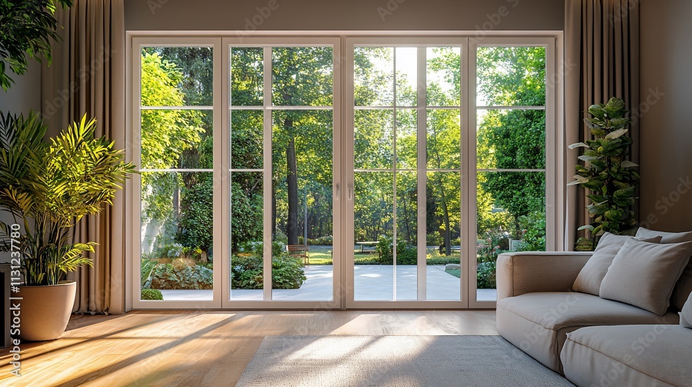 Fototapeta premium Sunlit living room with large patio doors opening to a lush garden.