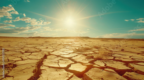 Arid desert landscape. Dry, cracked earth, barren ground under a sunny sky. Nature s drought, hot summer climate. Rough terrain, empty horizon. Environmental challenges, soil photo