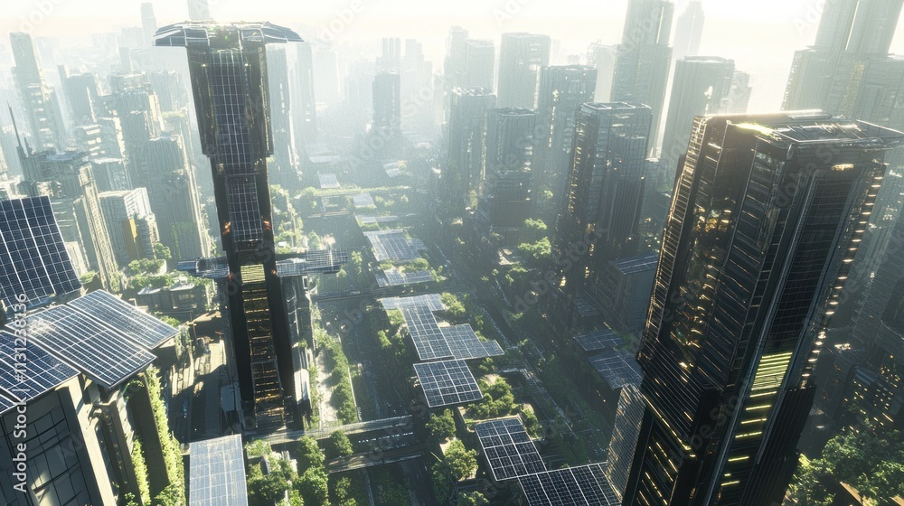 Fototapeta A city where all buildings are topped with advanced solar panels that power the entire metropolis. The city is bathed in sunlight, with sleek, modern architecture.