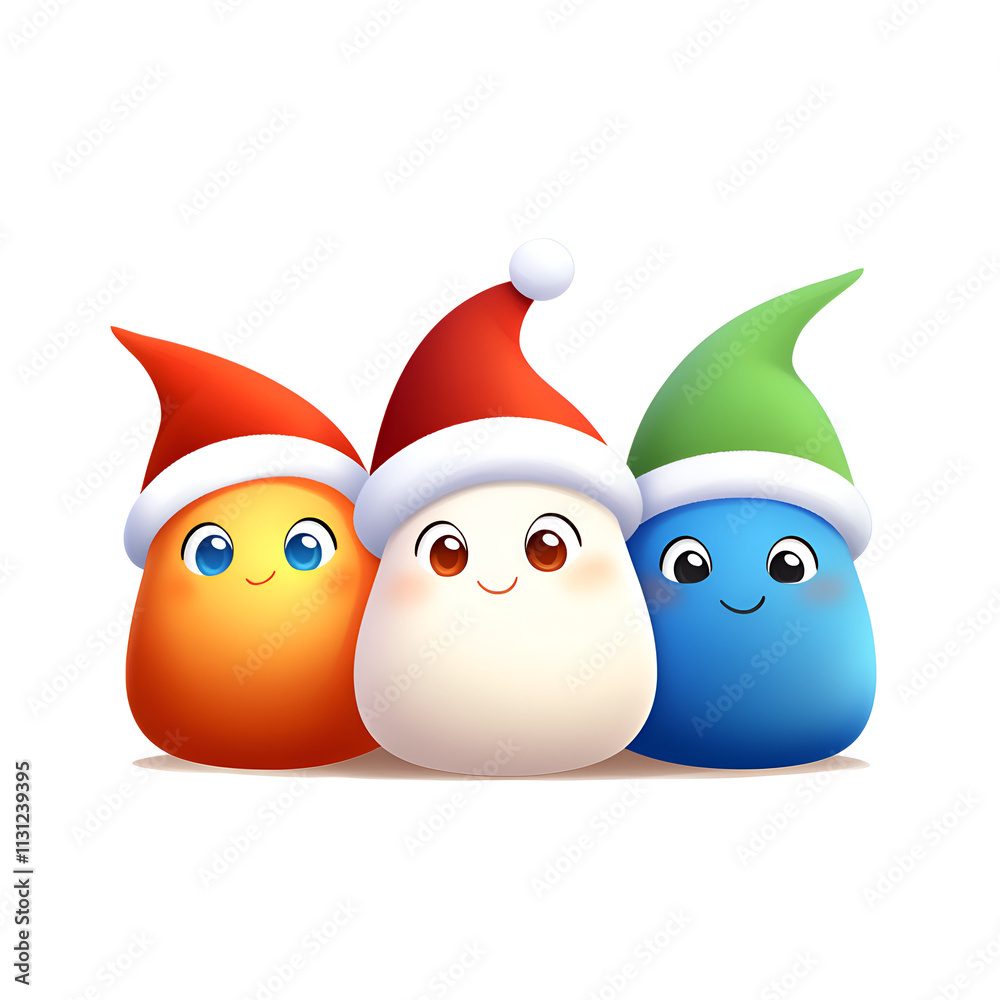 Obraz premium Three colorful, friendly characters wearing Christmas hats, perfect for festive designs.