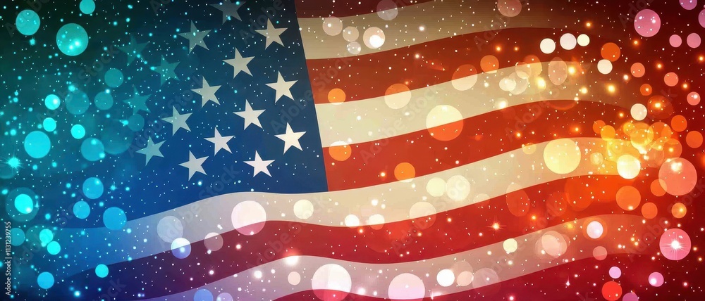 Fototapeta premium Abstract representation of the American flag with vibrant colors and bokeh effects.