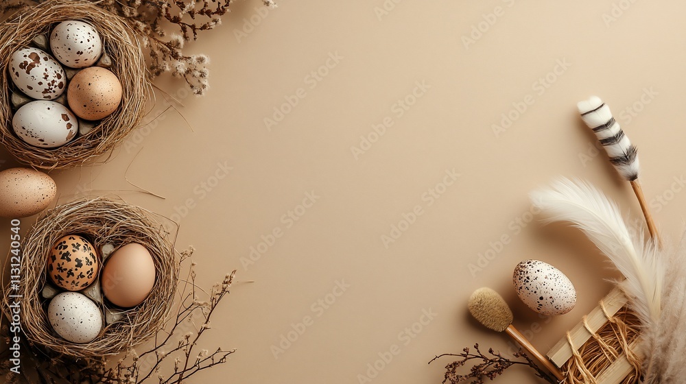 Obraz premium Easter eggs in nests with feathers and branches on beige background.