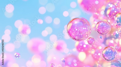 Colorful soap bubbles floating against a soft blue and pink background during a sunny day