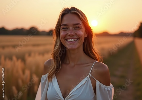 woman loose clothes smiles freely fields serene outdoor sunset