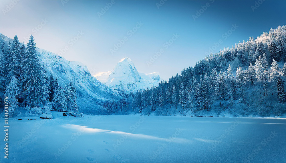 Obraz premium A panoramic view of the covered with frost trees in the snowdrifts. Magical winter forest. Natural landscape with beautiful sky.