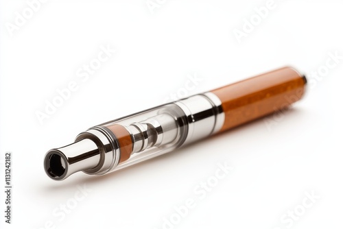 Vaporizer device with orange liquid for nicotine consumption displayed on a white background in studio lighting