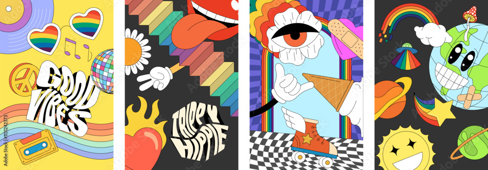 Fototapeta premium Groovy 90s posters with psychedelic cartoon style. Vibrant retro hippie elements featuring mountains, sun rays, flowers, and trippy waves. Funky Y2K collection with comic smiley characters