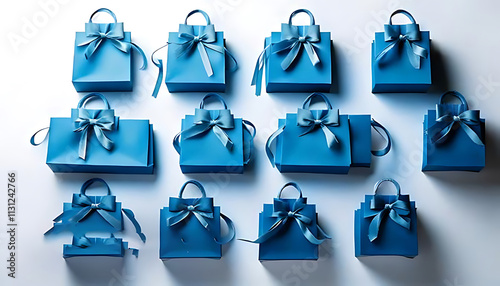 Blue gift bags with ribbon handles arranged on a white background photo