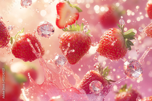 Fresh strawberries and sparkling ice cubes floating in pink water creating a vibrant and refreshing visual experience
 photo