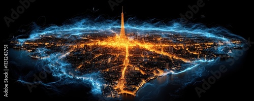 A stunning aerial view of Paris at night, illuminated by vibrant lights, with the Eiffel Tower as a central feature, surrounded by a luminous blue aura.