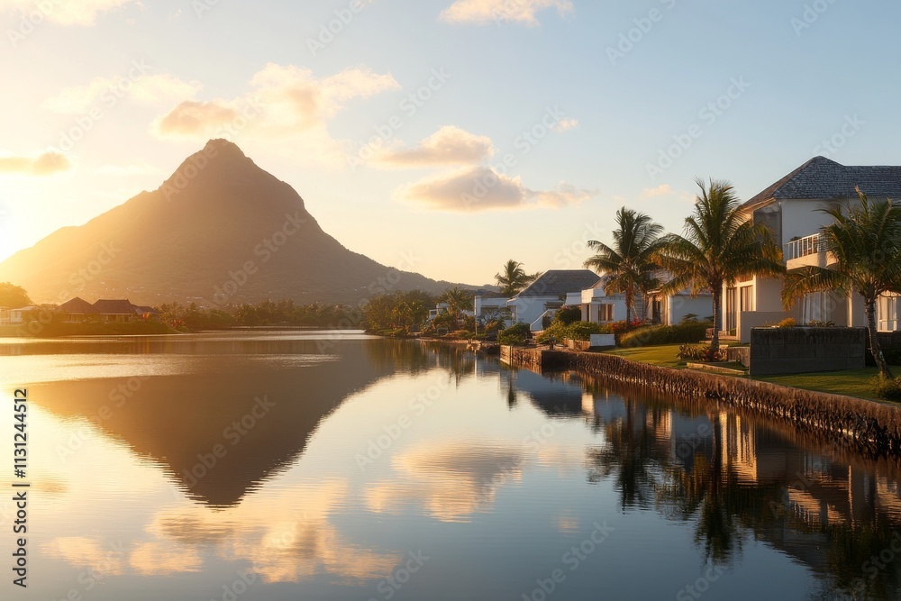 Fototapeta premium Sunrise view over serene lake reflecting mountain and tropical homes in peaceful environment