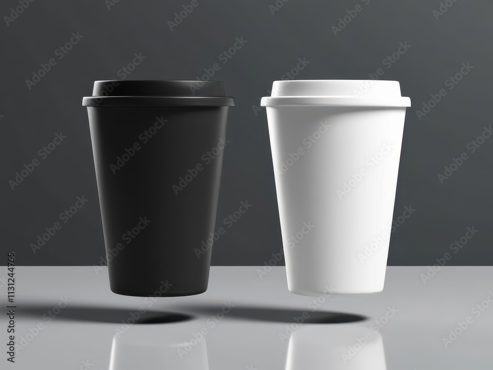Two stylish takeaway coffee cups in black and white colors. Two stylish takeaway coffee cups in black and white colors.