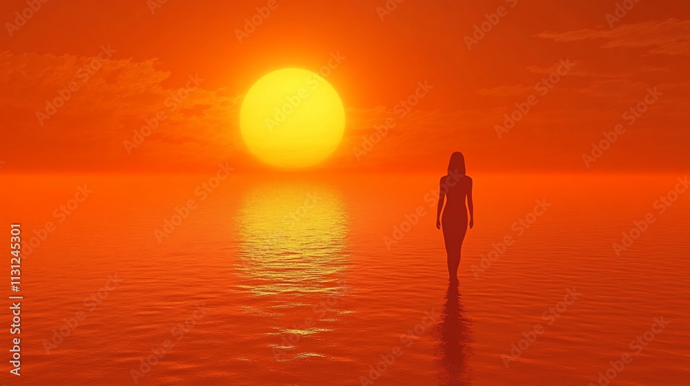 Fototapeta premium Woman walking into sunset ocean.