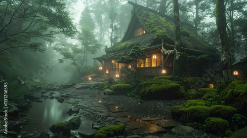 a Japanese house by a stream in a misty forest with moss and glowing lanterns