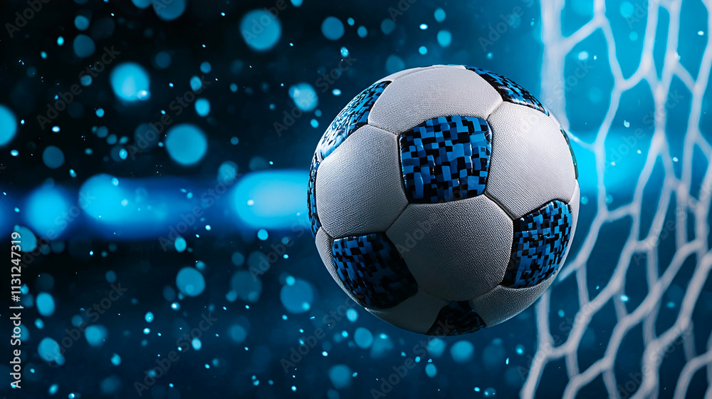 Naklejka premium A dynamic soccer ball soaring toward the goal, set against a blue, bokeh background that enhances the energetic atmosphere of the game.