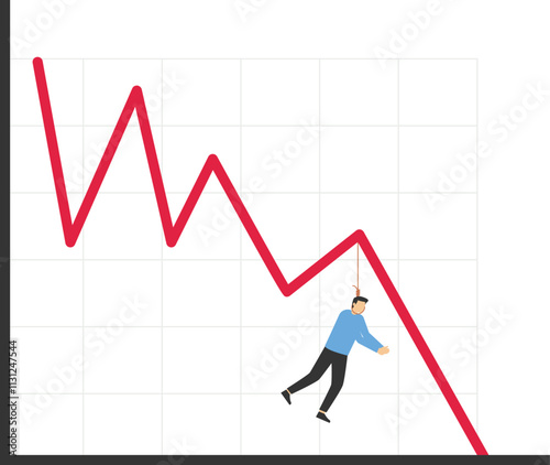 Despairing man wants to hang himself on a graph down. The stock market crashed during a crisis or the bubble burst. Investment risk or economic recession.


