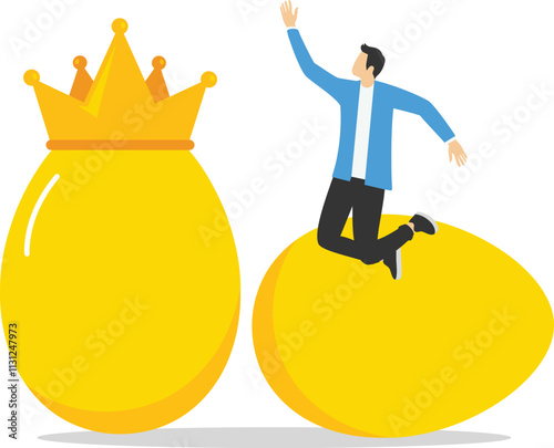 Golden egg investment, precious retirement pension fund, wealth or saving, 401k or IRA, prosperity or valuable asset concept, wealthy businessman with precious golden egg wearing crown.

