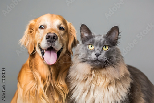 happy panting Golden retriever dog and blue Maine Coon cat photo