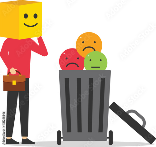 Businessman with smile emoticon head and the other emoticon are in trash. Face expression, fake emotion vector illustration

 photo