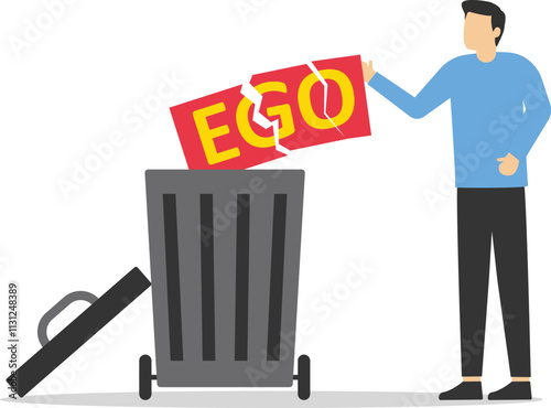 Businessman throw his ego into the trash. Modern vector illustration in flat style

