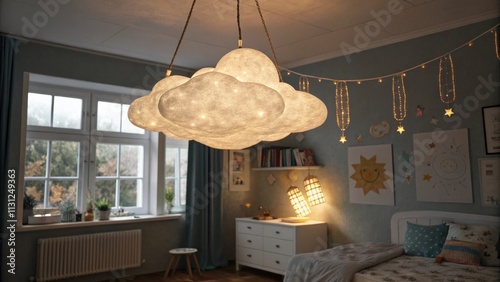 A whimsical cloudshaped light fixture hangs from the ceiling casting a warm glow throughout the room enhancing the playful ambiance perfect for daytime adventures and nighttime photo