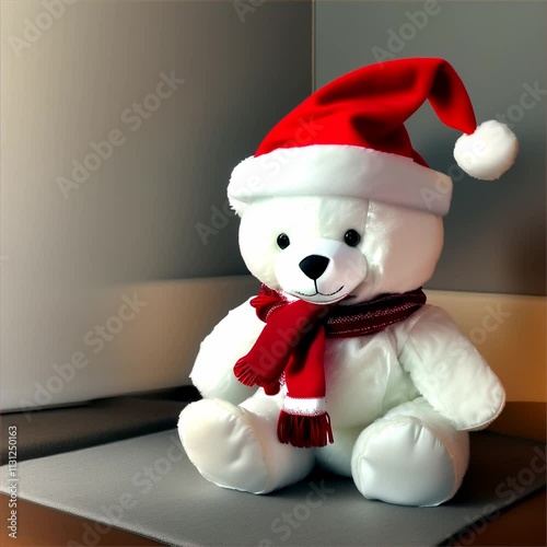 A white teddy bear wearing a Santa hat and scarf, sits on a grey mat with a gray background.