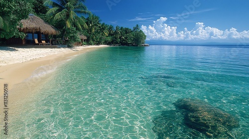 Exotic beach destination with crystal-clear water and palm trees