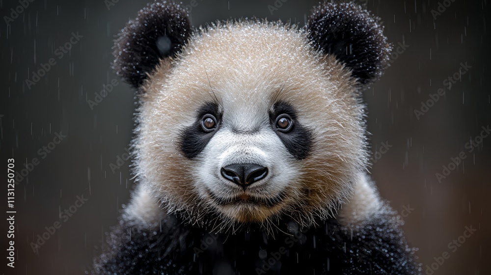 Obraz premium A panda bear sitting in the rain looking at the camera