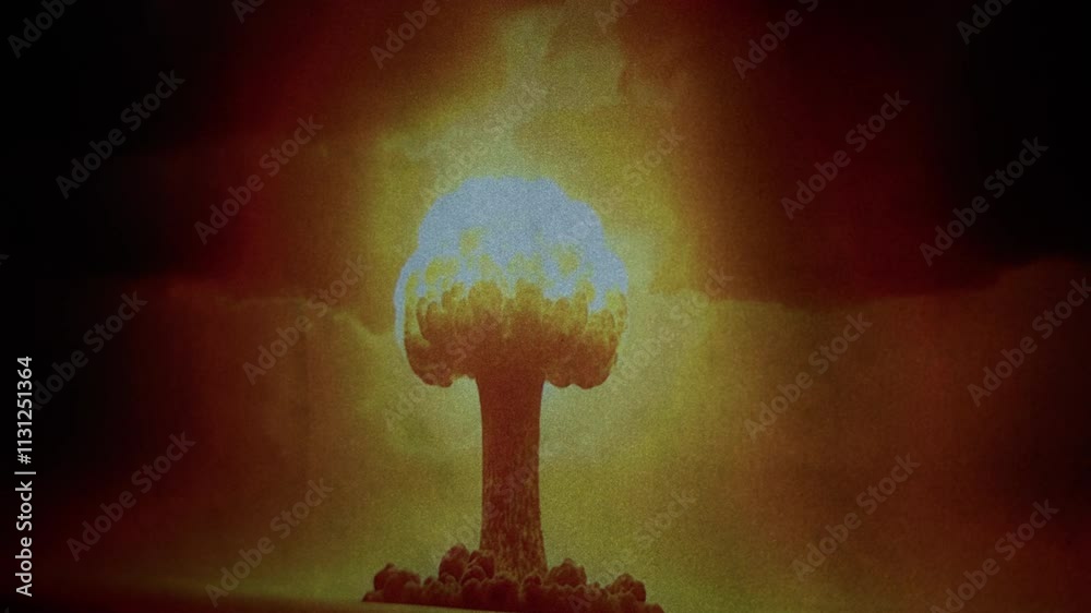 No people shot of vivid nuclear explosion graphic projection on stark black background