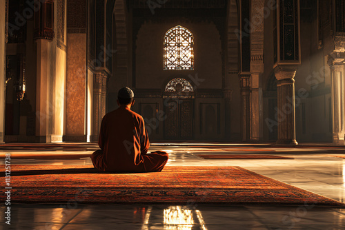 solitary man sitting in deep meditation inside a grand mosque bathed in warm golden sunlight filtering through intricate arched windows  
 photo