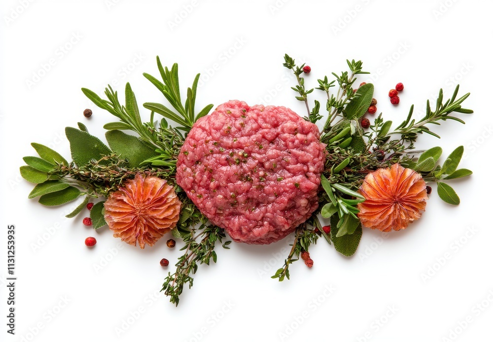 Fototapeta premium Fresh Ground Meat Surrounded by Aromatic Herbs and Spices, Perfect for Culinary Dishes and Recipe Ideas in a Minimalist Style