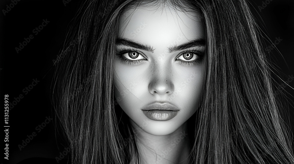 Fototapeta premium A striking black-and-white portrait of a young woman with long hair, intense eyes, and a captivating expression.