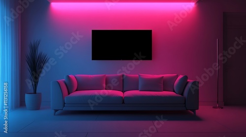 3D visualization of a stylish living room featuring a sofa and TV mockup, emphasizing minimalist home design with bright evening tones and fine details on a plain, isolated background
